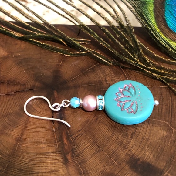 Teal Lotus Earrings - Lotus Jewelry, Lotus Pose - Picture 4 of 5